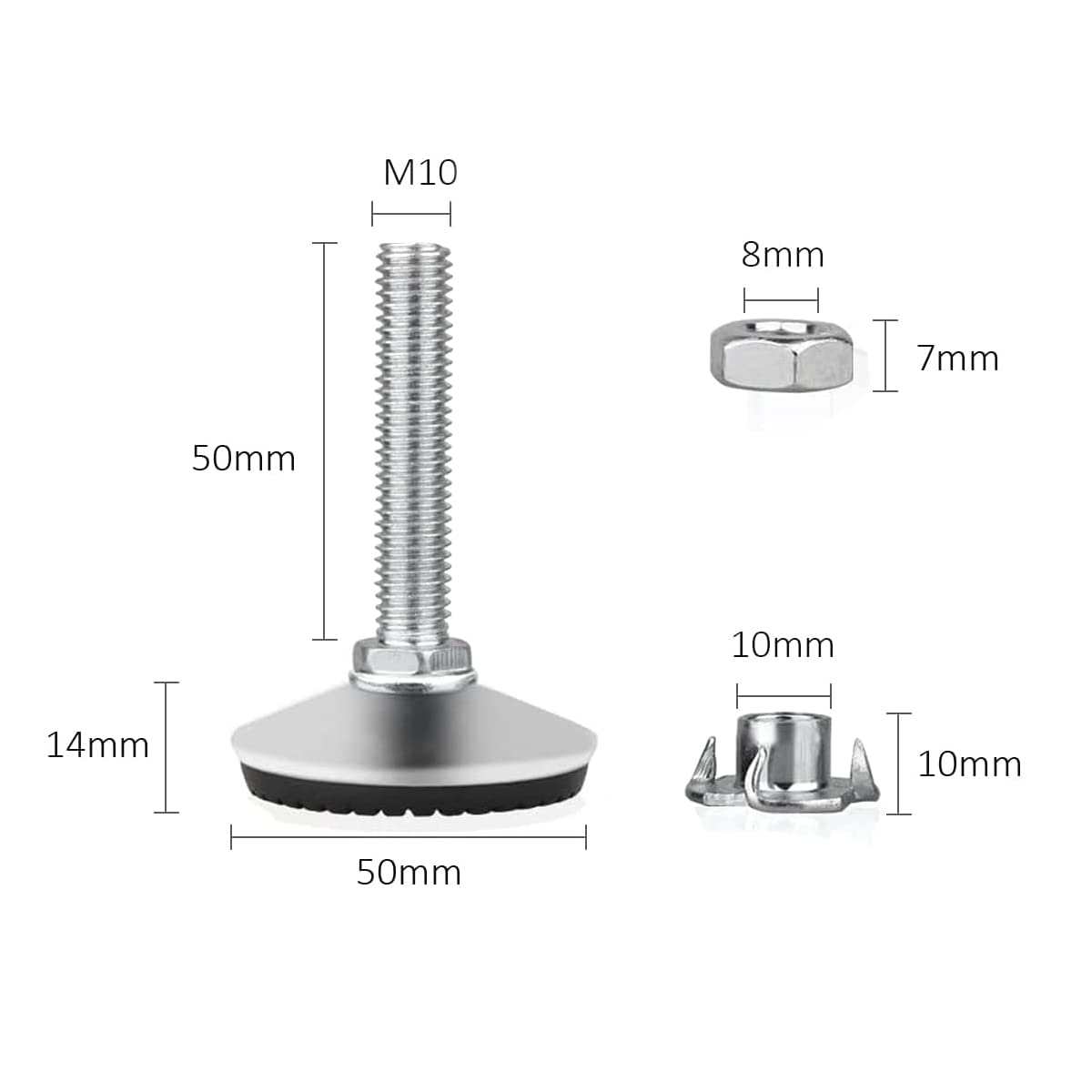 Drenky Nogi poziomujące do mebli, podstawa z regulacją wysokości ze stali nierdzewnej, 4 sztuki, M10 x 50 mm, śruby regulacyjne z antypoślizgową gumową podstawą i nakrętką T