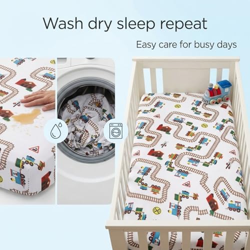 Image of Baby Boy Fitted Crib Sheet Choo Choo Train, 100% Soft Breathable Microfiber Baby Sheet, Fits Standard Size Crib Mattress 28in x 52in, Nursery Sheet