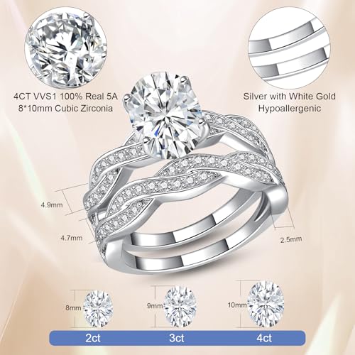 6CT Oval Engagement Rings for Women, Promise Wedding Cubic Zirconia White Gold Plated Band Set for Women, Size 5-103