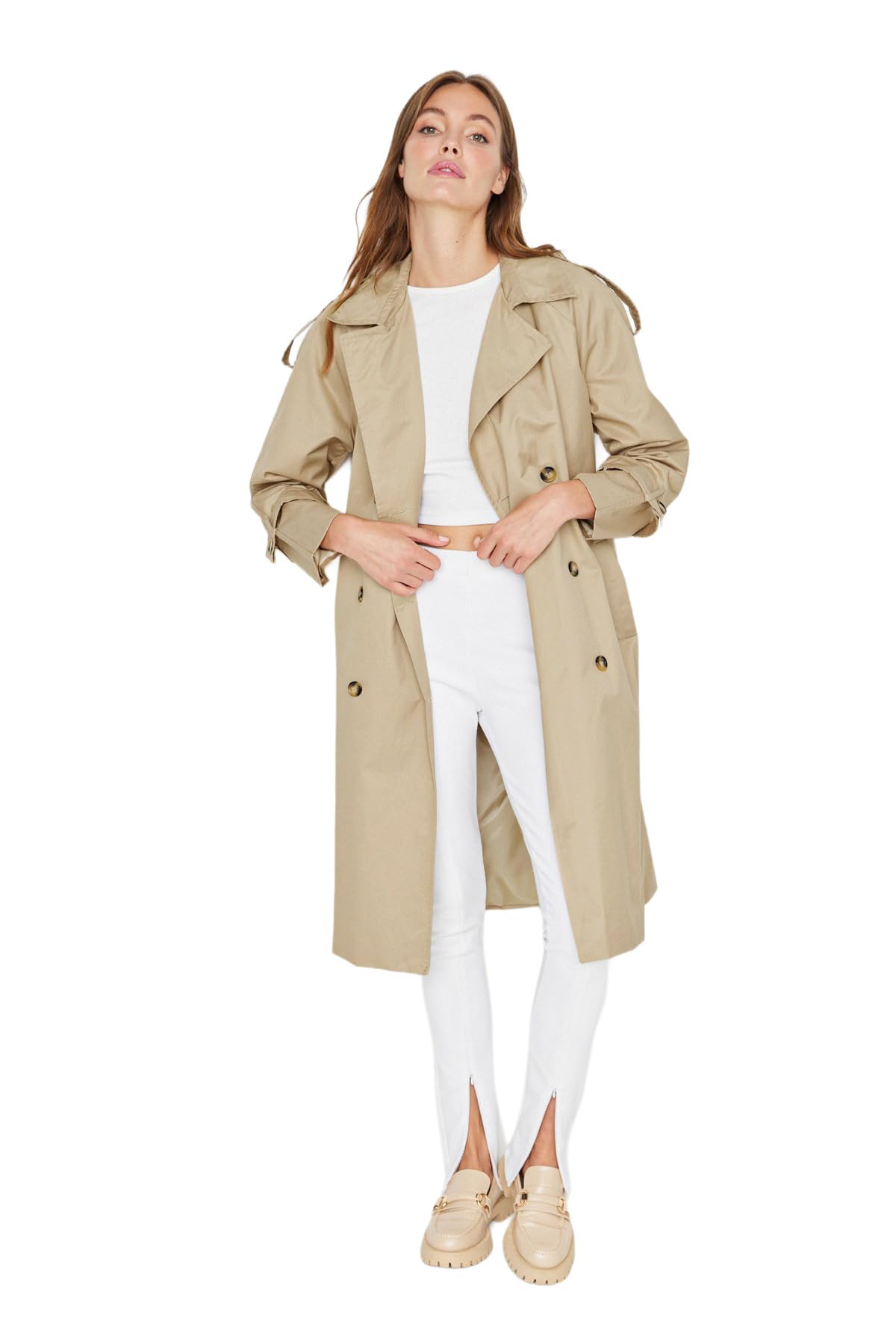 Trendyol Long Trench Coat With Beige Arched Button Closure Water Repellent impermeabile Donna