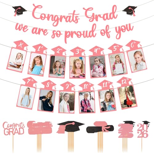 Image of Glitter Pink Graduation Photo Banner for 2026 Graduation Party Decorations Congrats Grad We are So Proud of You Banner Kindergarten to 12th Grade Picture Banner for 2026 High School Grad Congratulation Party Backdrop Decorations Photo Props