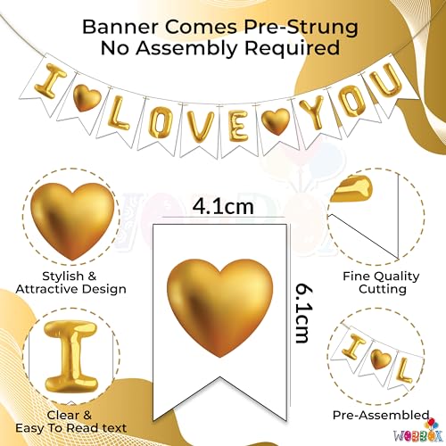 Image of Wobbox White & Golden Balloon inchI Love You inch Bunting Banner for Anniversary, Pre-Wedding & Wedding, Love Banner for Decoration