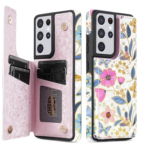 NNH Compatible with Samsung Galaxy S21 Ultra Wallet Case with RFID Blocking Card Slots Flip PU Leather Kickstand Double Magnetic Clasp Design Cover for Galaxy S21 Ultra(6.8 inch-Butterfly Flowers)