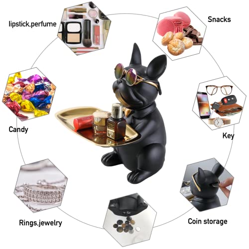 Pzlnd Butler Statue With Metal Trays, Resin French Bulldog Sculpture, Key Bowl For Entryway Table, Desk Candy Bowl, Jewelry Earring Tray, Multipurpose Sculpture Home Decor,Coin Piggy Bank (Black) #TOP2