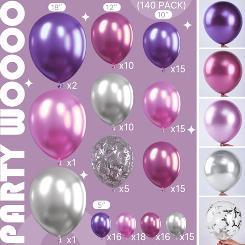 Image of PartyWoo Purple Shades Balloon Garland Kit, 140 pcs Shades of Purple Balloons Different Sizes Pack of 18 Inch 12 Inch 10 Inch 5 Inch for Balloon Garland as Birthday Decorations, Party Decorations