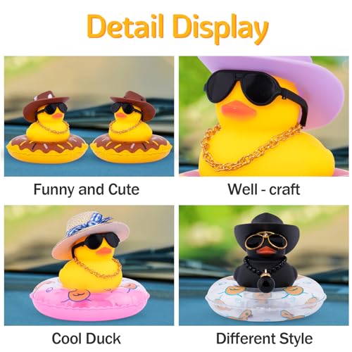 Image of wonuu Car Rubber Duck, Yellow Duck Decoration Dashboard with Sun Hat Swim Ring Necklace Sunglasses for Car Dashboard Decorations, White Spots Brown Cowboy Hat-Brown Donut