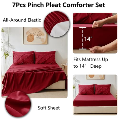 CozyLux Queen Comforter Set Dark Red, 7 Pieces Pintuck Bed in A Bag, Premium Red Comforter Queen Size, Pinch Pleat Bedding Sets with Comforter, Sheets, Pillowcases & Shams