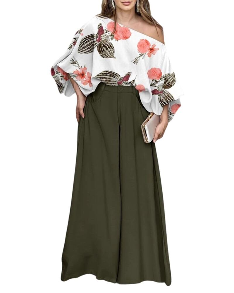 Image of CHICME Women Summer 2 Piece Outfits Off Shoulder Top Flowy Wide Leg Pants Set Vacation Travel Airport Outfits