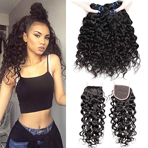 EMOL 9A Tissage Bresilien en lot avec Closure Meches Bresiliennes Tissage Bresilien Boucle avec Closure Cheveux Naturel Brésilienne Water Wave Tissage Bouclé Naturel Cheveux Humain 16 18 20+14 Pouce