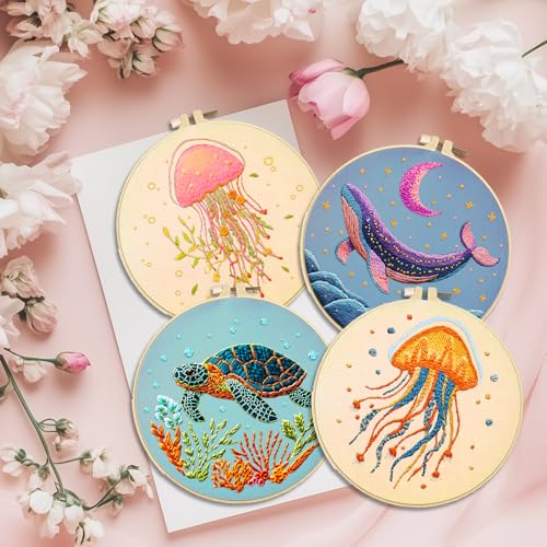 Image of ACRNIGHEET 6PCS Embroidery Kit for Adults Beginners, Sea Animals Embroidery Starter Kit, Stamped Cross Stitch Kits for Crafts Lovers Gift Idea, Include Instructions 6 Stamped Embroidery Cloth 2 Hoop
