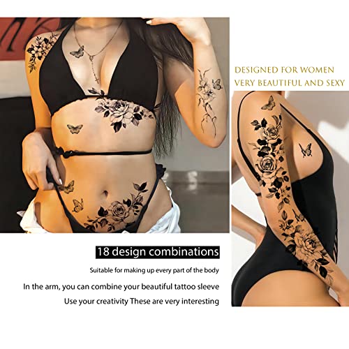 Temporary Tattoos For Women Sexy Thigh Chest Shoulder Stomach Large Flower Huge Fake Tattoos，Exquisite And Aesthetic，Designed By Real Tattoo Artists | Roarhowl Tattoo Rose 8 Sheets #TOP1