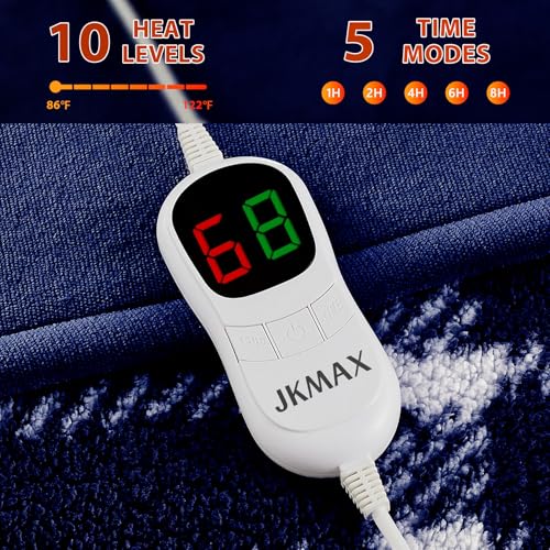 JKMAX Heated Electric Blanket Throw Size - 50"x60" Flannel Heating Blanket with 10 Heating Levels & 5 Time Settings Over-Heat Protection, Winter Warmer for Adults with ETL Certification(Navy Blue)