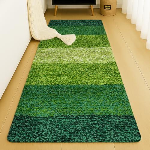 Image of Pano Textured Striped Runner Rug 45x130 cm Green | Anti-Skid, Super Soft & Ultra Absorbent Floor Runner | Quick Dry & Washable Runner for Bathroom, Kitchen, Bedroom & Living Room