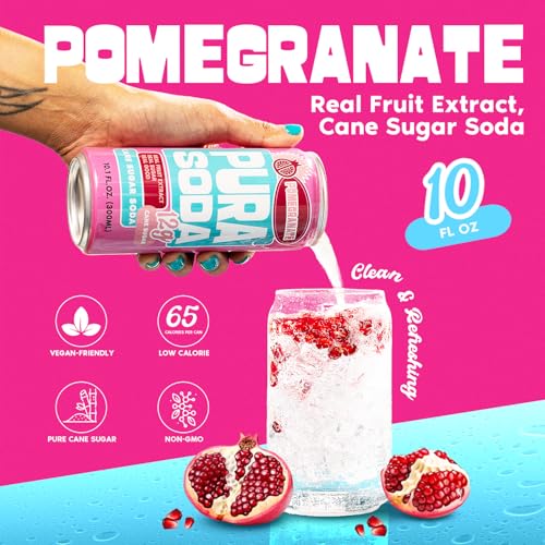 Image of PuraSoda Pomegranate - 12g Pure Cane Sugar Soda, 10 Fl Oz, Pack of 24 | Real Fruit Extract, Non-Gmo Vegan, No Stevia Or Artificial Sweeteners, 12g Cane Sugar, 10 Fl Oz Cans