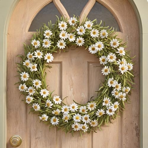 Daifunli White Daisy Wreath for Front Door 18 Inch Spring Summer Artificial Greenery Faux Wild Grass Flower Wreath for Wedding Porch Indoor Outdoor All Seasons Decor Rustic and Farmhouse Home Decor