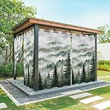 Forest Mountain Outdoor Curtain for Patio Waterproof Misty Watercolor Green Trees Mountains Cloud Grommet Outside Curtains for Gazebo Porch Pergola Sun Blocking Privacy Drape, 1 Panel, 54W x 95L inch