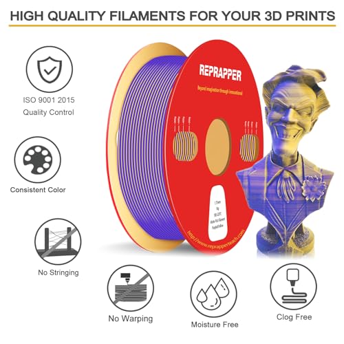 Image of Reprapper Dual Color pla Filament Coextrusion PLA Filament 1.75mm for 3D Printer, Multicolor Like Rainbow, 2.2lbs (1kg), Matte PLA Purple & Yellow