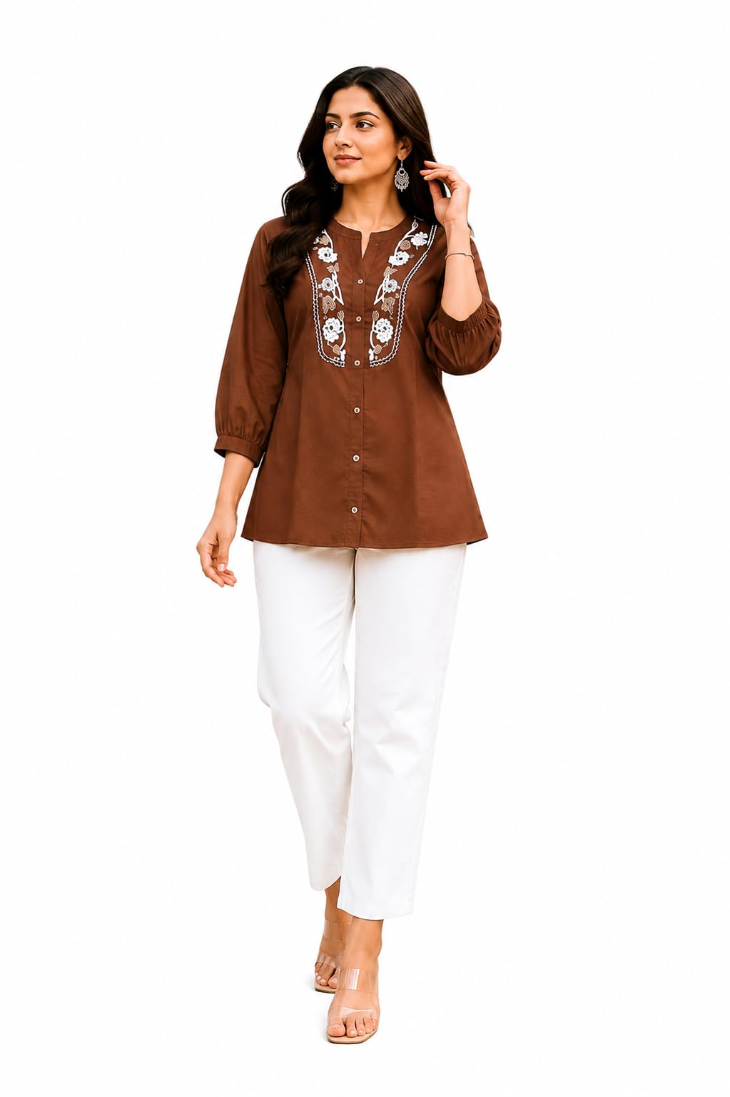 Roopriti Women's Brown Embroidered Tunic and White Palazzo Set-image-45