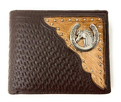 Western Genuine Leather Cowhide Cow Fur Horse Basketweave Mens Bifold Short Wallet in 2 colors (Coffee)