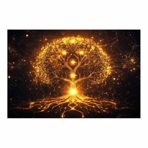 Peinture murale arbre de vie tissé d'étoiles finition dorée élégante