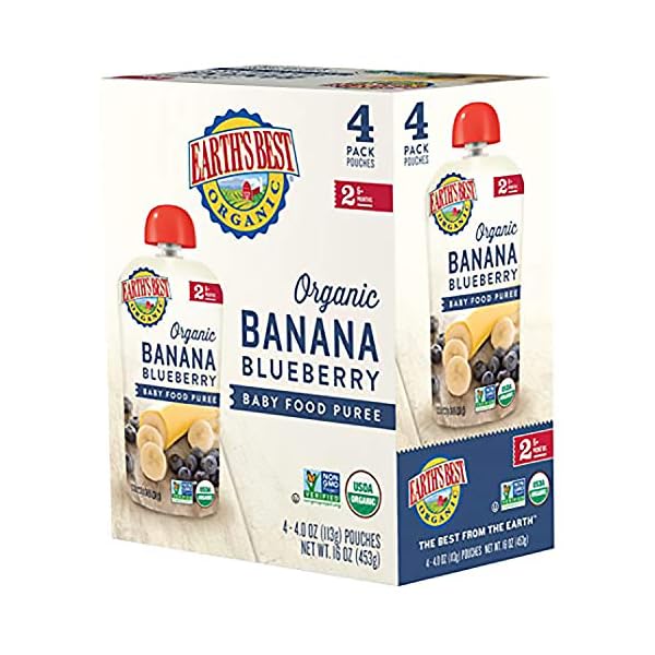 Earth's Best Organic Baby Food Pouches, Stage 2 Wholesome Breakfast Puree for Babies 6 Months and Older, Organic Banana Blueberry and Oat Puree, 3.5 oz Resealable Pouch (Pack of 12)