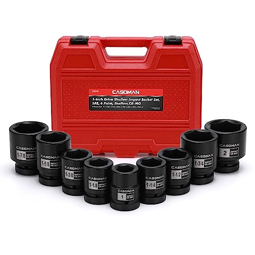 CASOMAN 1-Inch Drive Spindle Axle Nut Impact Socket Set Shallow 1 to 2 9PCS Impact Large Socket Set 6-Point SAE CR-MO