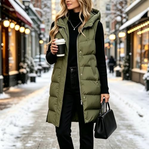 XOGWVJ Quilted Vest Long Puffer Vest Women Hooded Sleeveless Winter Vests Coat Full Zip Warm Longline Jacket with Pockets Casual Outerwear Army Green S - image 2