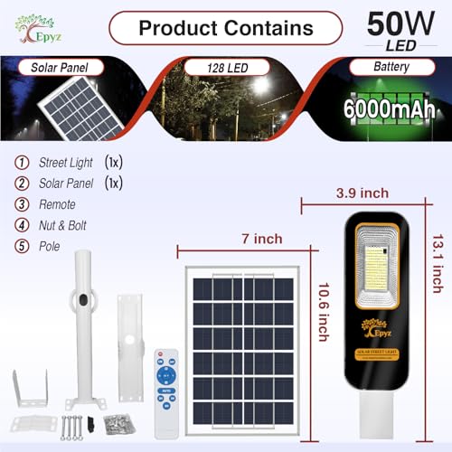 Image of Epyz 50W Semi-Integrated Solar Street Light for Outdoor, IP65 Waterproof with Remote Control, Dusk to Dawn Auto On /Off, 128 LED, 6000mAh Battery, Aluminium Body for Garden, Street, Lawn, Cold White