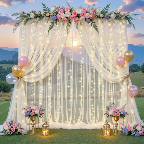 Ivory Tulle Backdrop Curtains with Lights String for Parites Wedding 20×8ft Ivory Sheer Backdrop Curtains for Baby Shower Birthday Party Photo Shoot Background Decorations(4 Panels 5ft×8ft)