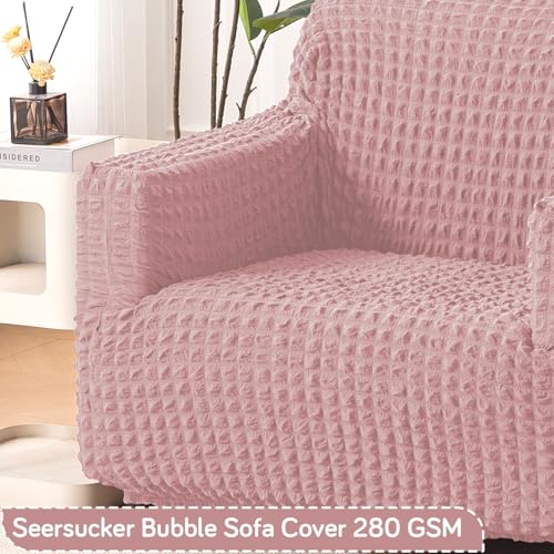 Image of HOKIPO 'Aria Nova' Elastic Stretchable 280 GSM Bubble Sofa Cover for 1 Seater, Tea Rose Pink (AR-6208-PNK)