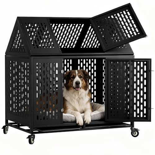 44 Inch Heavy Duty Indestructible Dog Crate Steel Escape Proof Chew Proof Cage, Indoor Double Door Kennel for High Anxiety Large Medium Dogs with Wheels, Removable Tray