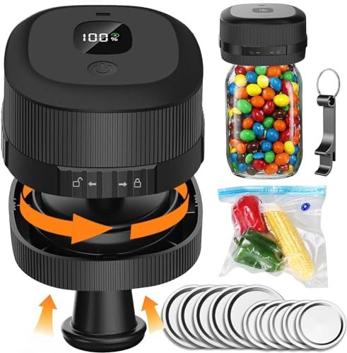 Chulovs Electric Mason Jar Vacuum Sealer,3 in 1 Vacuum Sealer Kit for Wide & Regular Mouth Jars Vacuum Bags Food Vacuum Storage, Cordless Canning Vacuum Sealer for Food Storage Strong Suction (Black)