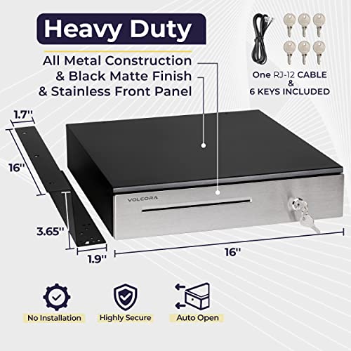 Cash Register Drawer With Under Counter Mounting Metal Bracket - 16” Black - Stainless Steel Front Cash Drawer For Pos, 5 Bill 6 Coin Removable Coin Compartment, 24V Rj11/Rj12 Key-Lock, Media Slot #TOP1