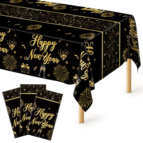 Image of 3 Pack New Years Eve Tablecloth, 108 x 54 Inches Disposable Plastic NYE Table Cover 2026, Rectangle New Years Tablecloth with Black Gold Firework Design, Waterproof Table Cover for Nye Party Supplies