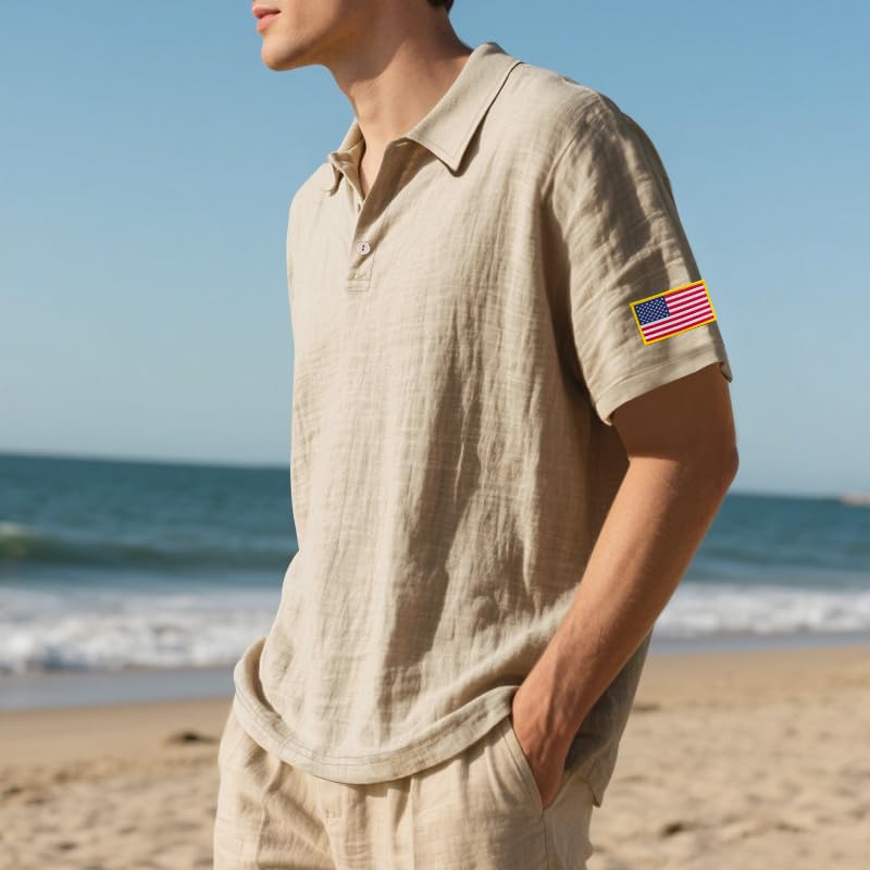 Men's Linen Polo Shirt American Flag Embroidery Tees Short Sleeve Classic V Neck Loose Patriotic Tops Golf Pullover3