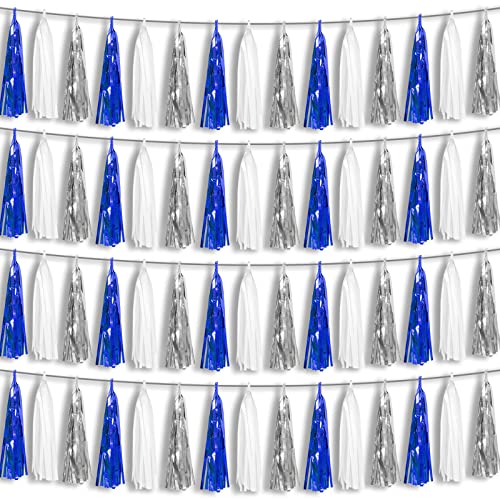 Image of 4P Navy-Blue White-Silver Foil Fringe Metallic Tassel Garland Banner, Tassels Banner Streamers for Parade Floats, Bachelorette, Wedding, Birthday, Halloween, Bridal /Baby Shower Party Decorations