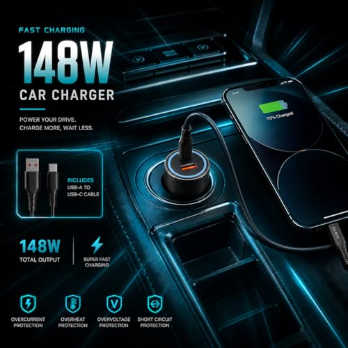 Image of AILKIN 148W 2-in-1 Car Charger with Built-in Cable, 100W QC USB-A + 48W PD USB-C Fast Charging Car Adapter, Compatible with iPhone 16 /15 /14 /13, Samsung Galaxy, iPad, Smartwatch, Earbuds, Power Bank