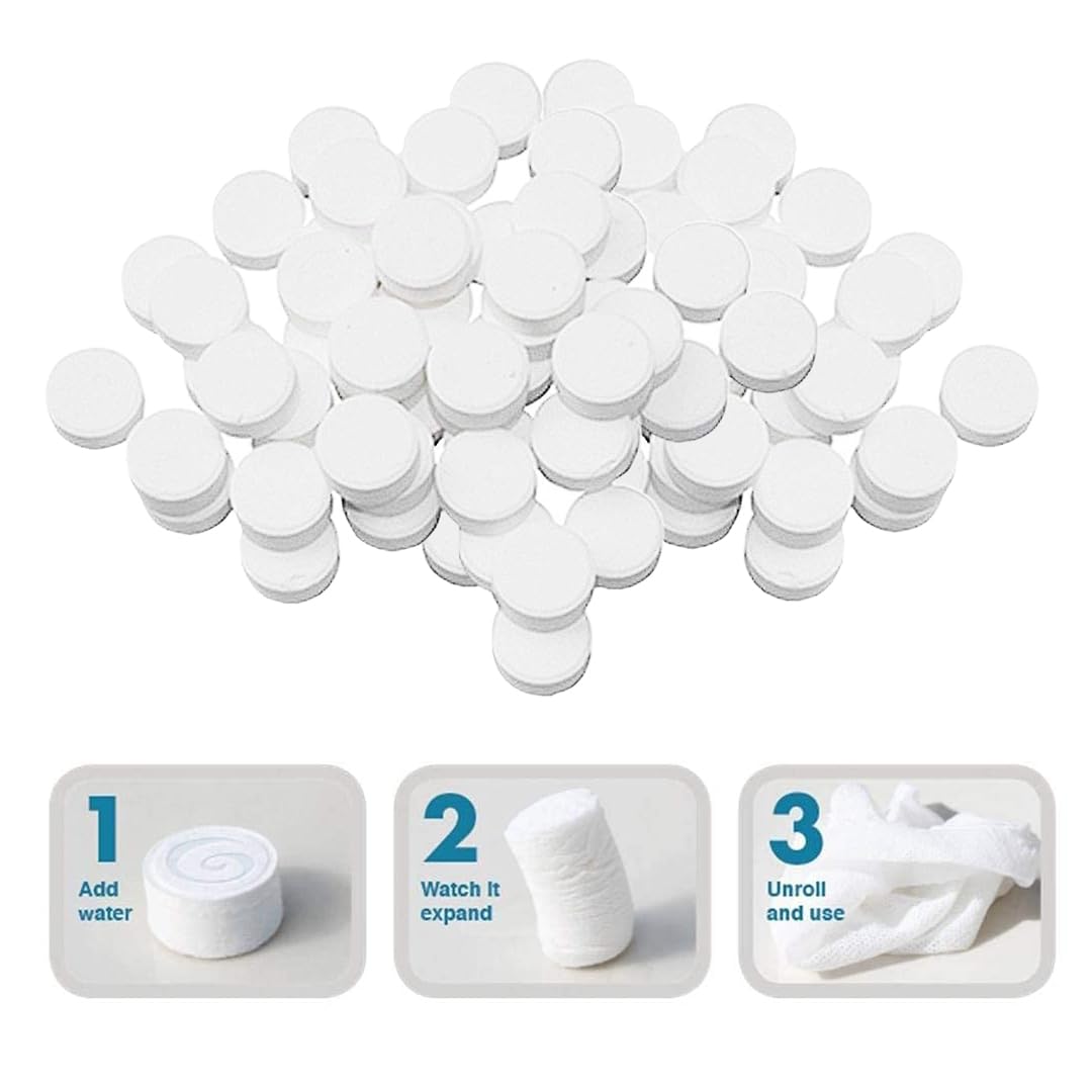 100Pcs Compressed Towel Tablets, Facial Cleansing Tissue, Mini Tablets Disposable Towels, Makeup Remover Pads, Water Activated Coin Tissue for Beauty Salon, Travel, Sports & Personal Use-image-7