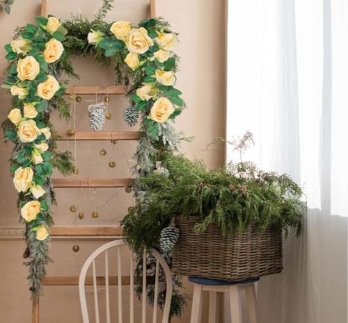 Image of VRB Dec 1 Pcs Artificial Flower Vine Garlands Hanging Artificial Flowers for Decoration Roses Garland (6 ft Long) Flowers Silk Roses for Wedding Decorations Diwali /Ganpati /Christmas. (Peach)