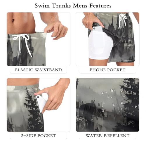 Mens Swim Trunks with Liner, Gothic Castle Night Cool Quick Dry Beach Swim Shorts, Swimwear Bathing Suits S3