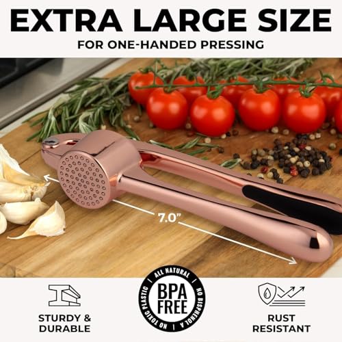 Image of Zulay Kitchen Large Premium Garlic Press Set - Bigger Bowl for Bigger Garlic - Rust Proof Garlic Mincer Tool - Easy-Squeeze, Easy-Clean Silicone Garlic Peeler & Brush (Rose Gold)