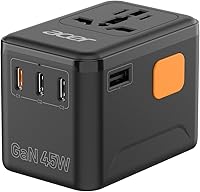 Vista 1 de Acer Adaptador de enchufe de viaje universal GaN de 45 W, adaptador de corriente internacional con 3 USB C y 1 USB A, toma de corriente en todo