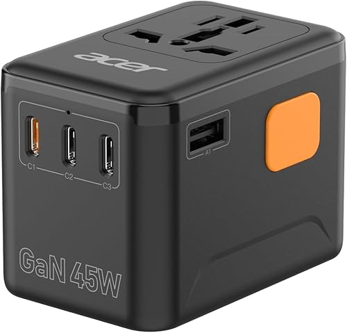 Acer Adaptador de enchufe de viaje universal GaN de 45 W, adaptador de corriente internacional con 3 USB C y 1 USB A, toma de corriente en todo el