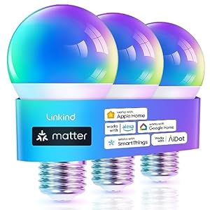 Linkind Matter WiFi Smart Light Bulbs Work with Apple Home, Siri, Google Home, Alexa, SmartThings, RGBTW Color Changing Light Bulbs Music Sync, Mood Lighting, 2.4Ghz WiFi Only A19 E26 60W 800LM 3 Pack