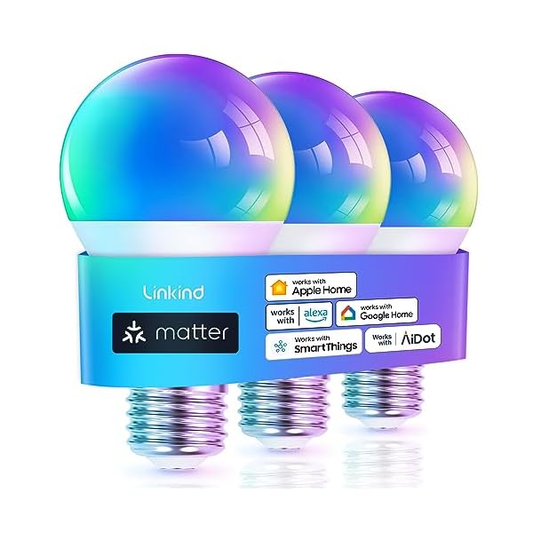 Linkind Matter Smart RGBTW Bulb, Smart Light Bulbs Work with Apple Home, Siri, Google Home, Alexa, SmartThings, Color Changing Light Bulbs Music Sync, Mood Lights, 2.4Ghz WiFi A19 E26 60W 800LM 3 Pack