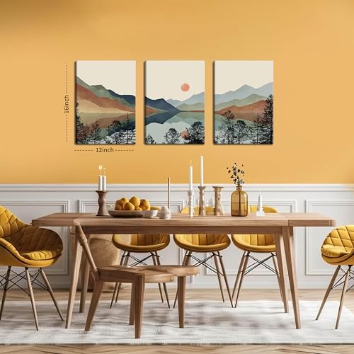 AKWISH Framed Mountain Canvas Wall Art Set of 3, Boho Watercolor Poster Prints Painting, Sun Forest Abstract Nature Landscape Artwork Wall Decor for Living Room, Bedroom, Office 12x16 In - Image 4