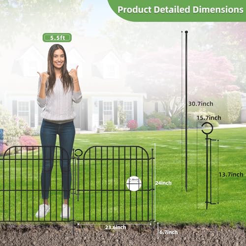 5 Panels No Dig Decorative Outdoor Garden Fence with Gate, 24 in(H) x 10 ft(L) Rustproof Metal Wire Panel Border for Yard & Patio Decor, Temporary Animal Barrier Fencing for Dog and Small Pets