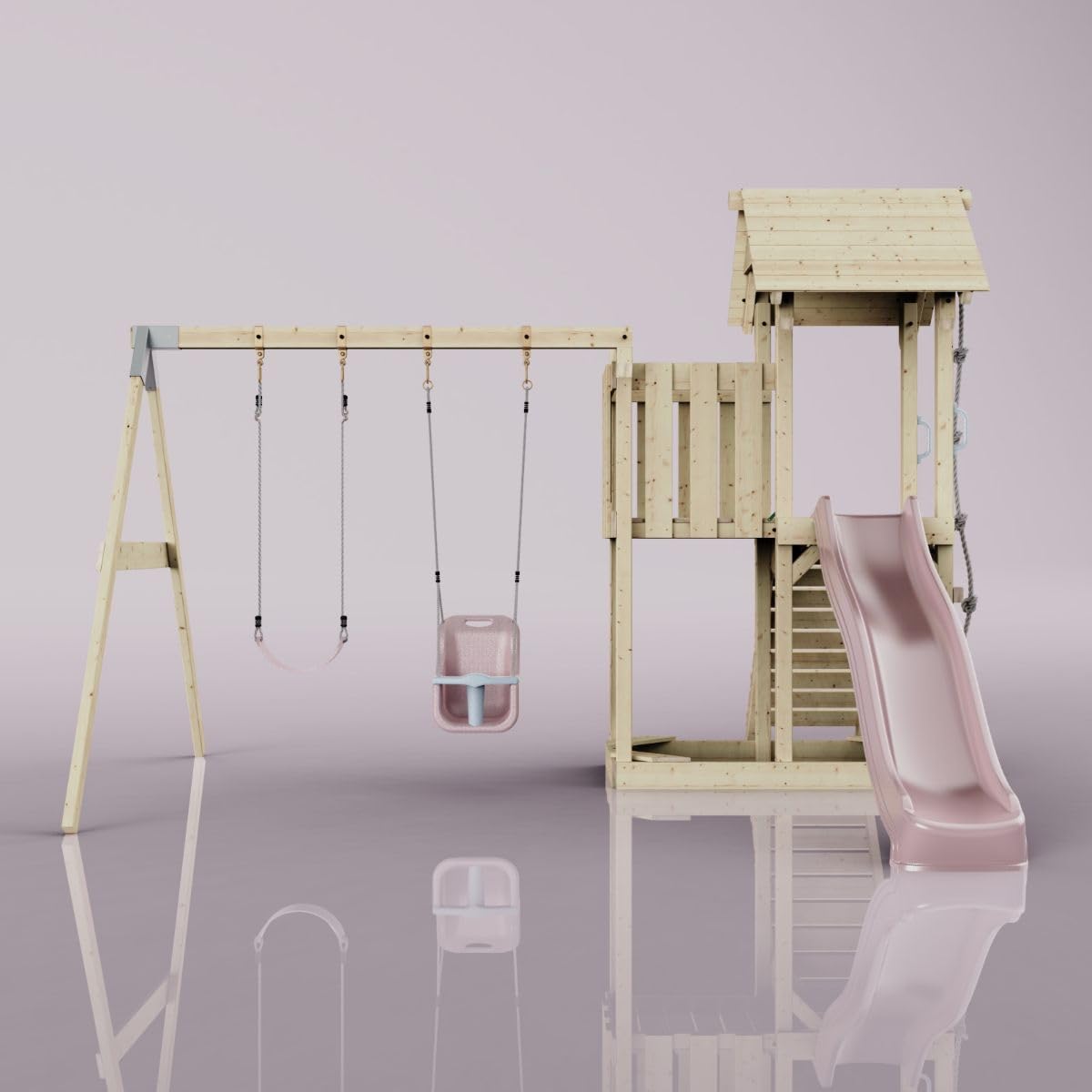 Rebo Spielturm mit Wellenrutsche und 2X Kinder-Schaukel, Outdoor Klettergerüst Garten mit Plattform,Altrosa