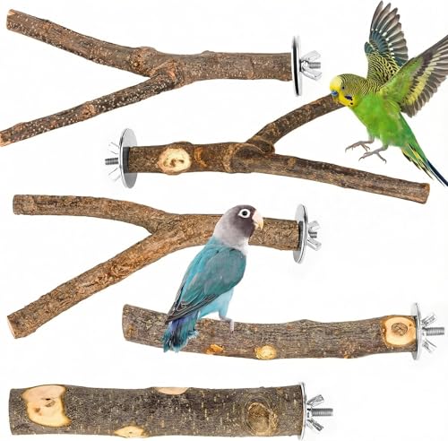 Image of 5PCS Natural Wood Bird Perch Set - Straight & Forked Branch Perches Cage Perches Accessories for Small Medium Birds, Parakeets, Budgies, Cockatiels, Conures