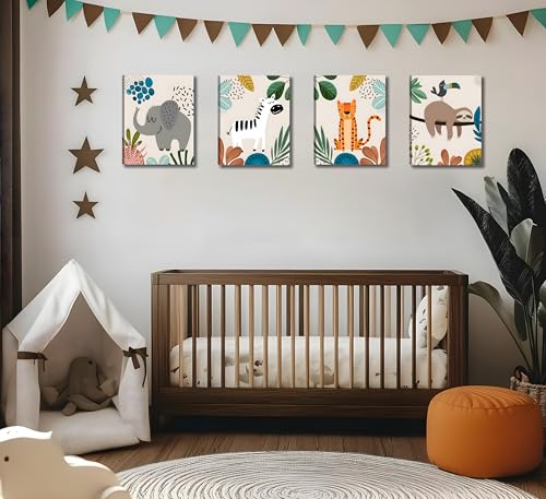Image of 4pcs Framed Safari Cartoon Jungle Animal Wall Art 12x16 inches | elephant, zebra, sloth & tiger Canvas Paintings Prints.Kid Room Baby Room Decor.